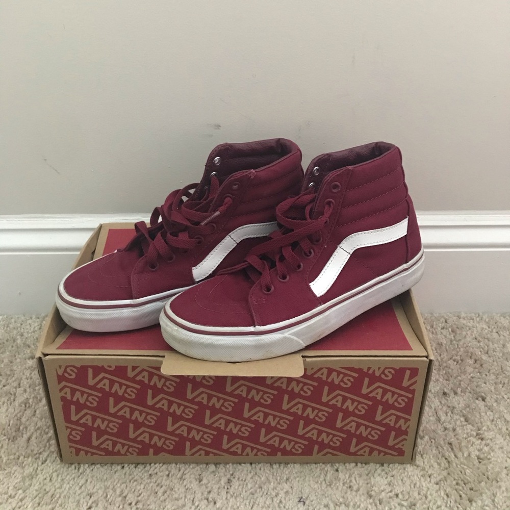Burgundy high top Vans sneakers
